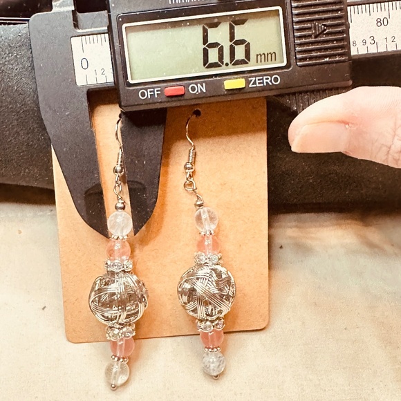 Silver Hook Dangle Earrings & Large Silver Beads & Cherry Quartz Stones & Crysta - Picture 2 of 9